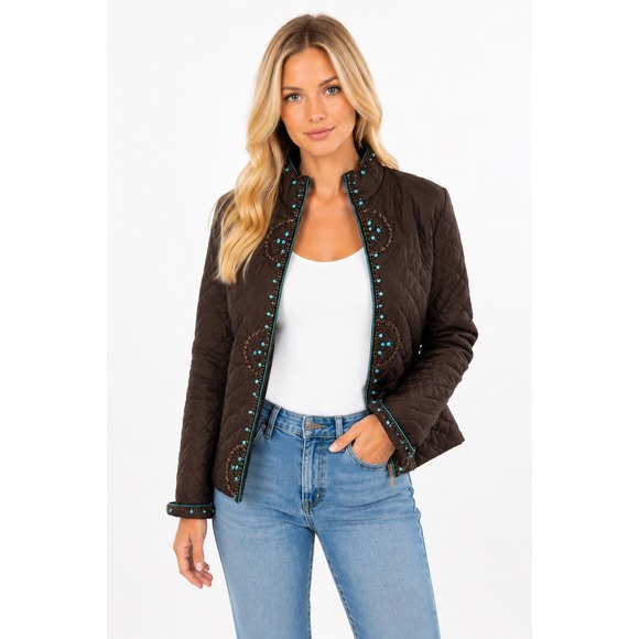 SilkLand Jackets & Blazers - Silkland Quilted Beaded Jacket Brown Turquoise Western Boho Goblincore Artisan‎